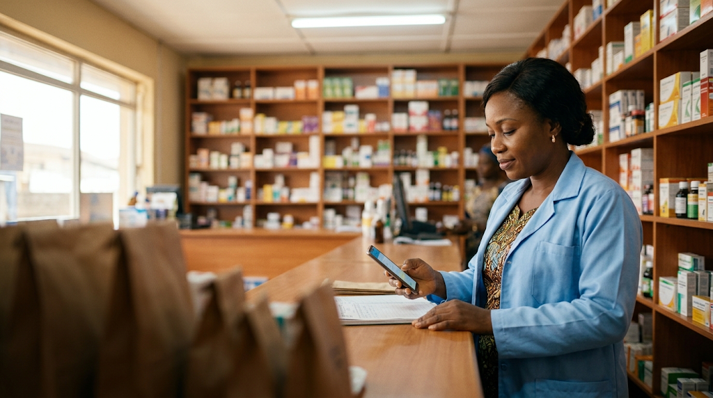 A pharmacist serving a customer at a well-stocked pharmacy counter